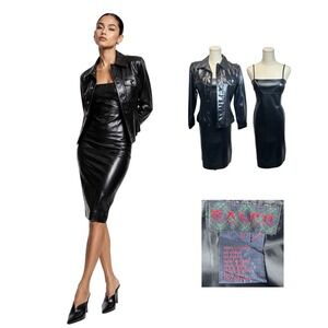 Vintage Ralph Lauren Leather Jacket Midi Dress Black 90s Edgy Chic 8 Small